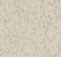 Luminous Branches Wallpaper by York Wallcoverings features a light beige background adorned with a delicate, repeating pattern of thin gray branches and small buds. The minimalist botanical design adds a simple yet elegant touch, creating a calm and natural atmosphere.