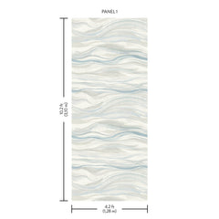 The Currents Wall Mural is a rectangular panel featuring light gray, blue, and white wavy lines. It measures 10.2 ft (3.10 m) tall by 4.2 ft (1.28 m) wide and is labeled as Panel 1.
