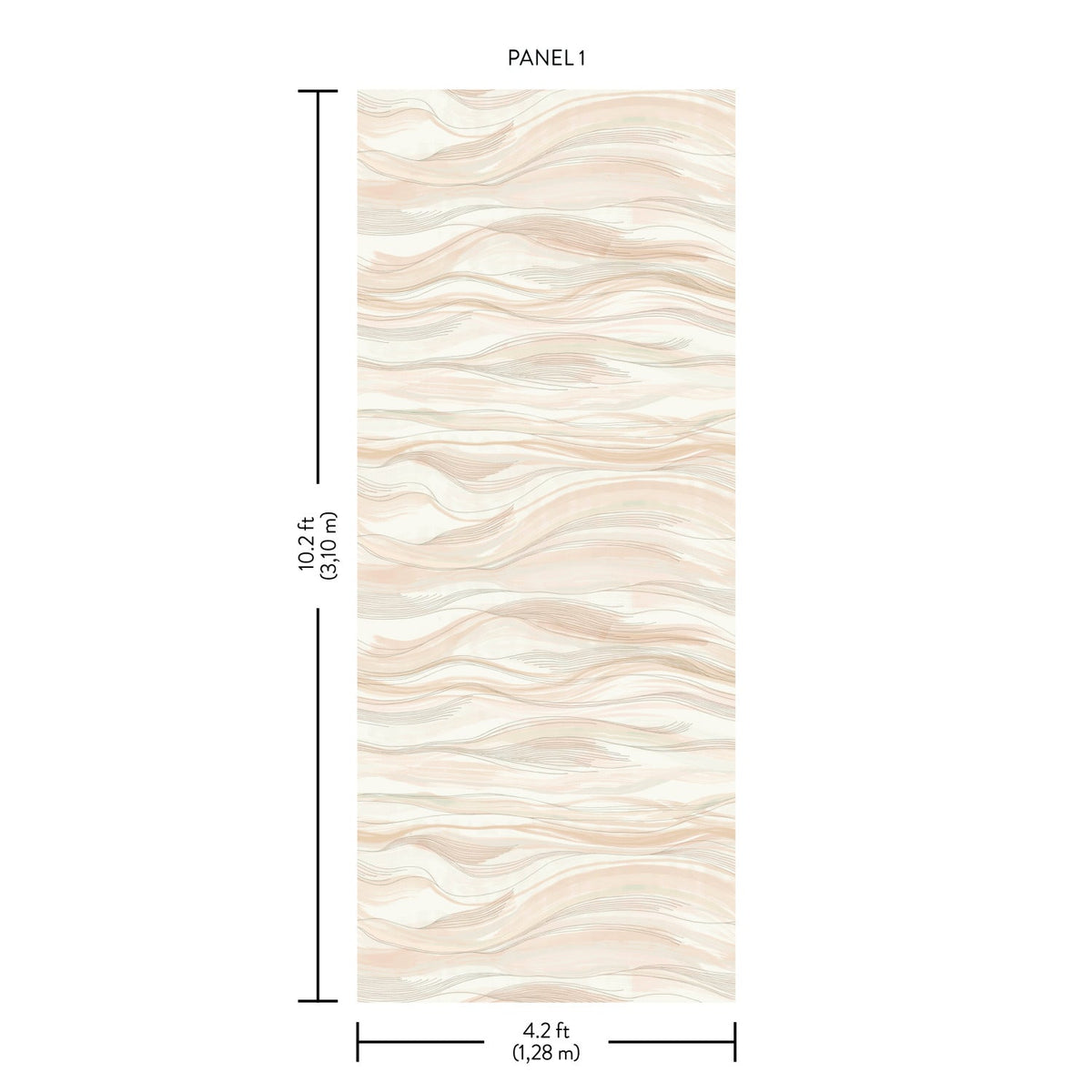 The Currents Wall Mural is a rectangular wallpaper panel featuring a beige and peach swirl pattern, labeled as PANEL 1. Its dimensions are 10.2 ft (3.10 m) tall and 4.2 ft (1.28 m) wide.