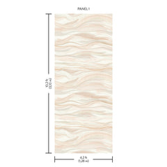 The Currents Wall Mural is a rectangular wallpaper panel featuring a beige and peach swirl pattern, labeled as PANEL 1. Its dimensions are 10.2 ft (3.10 m) tall and 4.2 ft (1.28 m) wide.