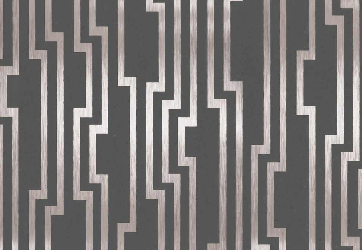 Velocity Wallpaper featuring a geometric pattern of vertical metallic lines with right-angled turns against a dark grey background.