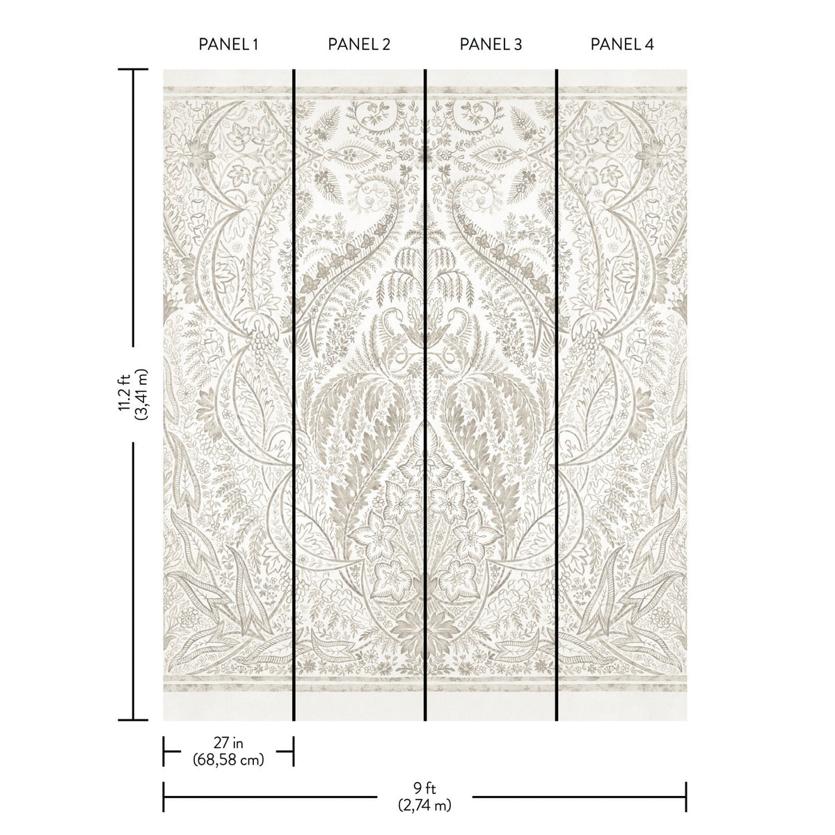 The Jaipur Paisley Damask Wall Mural by York Wallcoverings is a decorative wall mural consisting of four vertical panels, each 27 inches wide, featuring an intricate floral and leafy paisley damask pattern. The complete mural measures 9 feet wide by 11.3 feet tall.