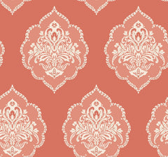 Introducing the Signet Medallion Damask Wallpaper by York Wallcoverings, showcasing a seamless pattern of ornate white floral damask motifs set against a muted red background for a classic and elegant vintage wallpaper aesthetic.