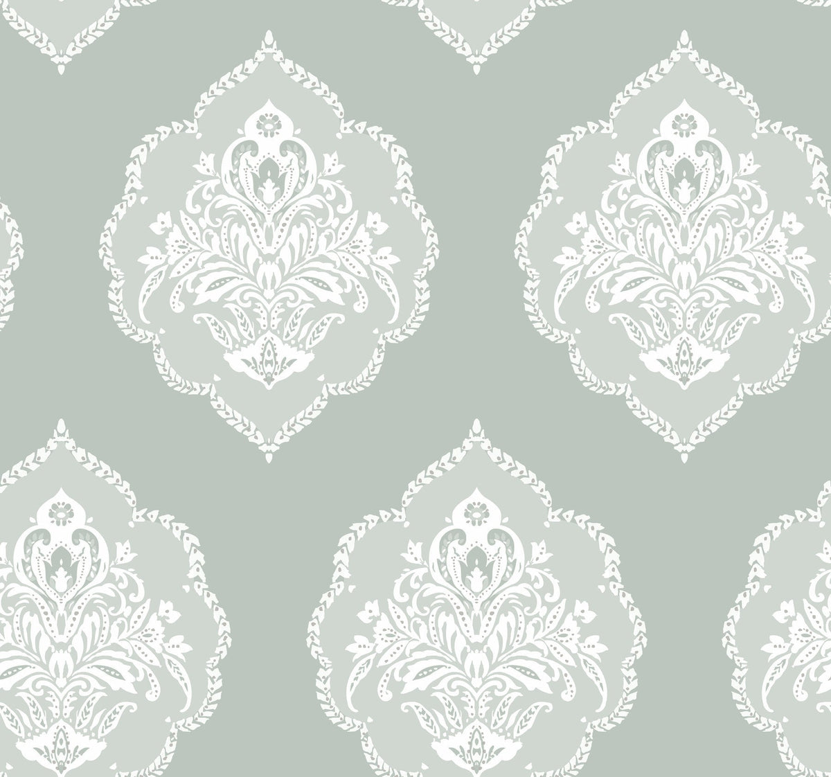 The Signet Medallion Damask Wallpaper by York Wallcoverings features an elegant, seamless pattern of ornate white damask floral motifs set against a muted sage green background, creating a classic and refined look.