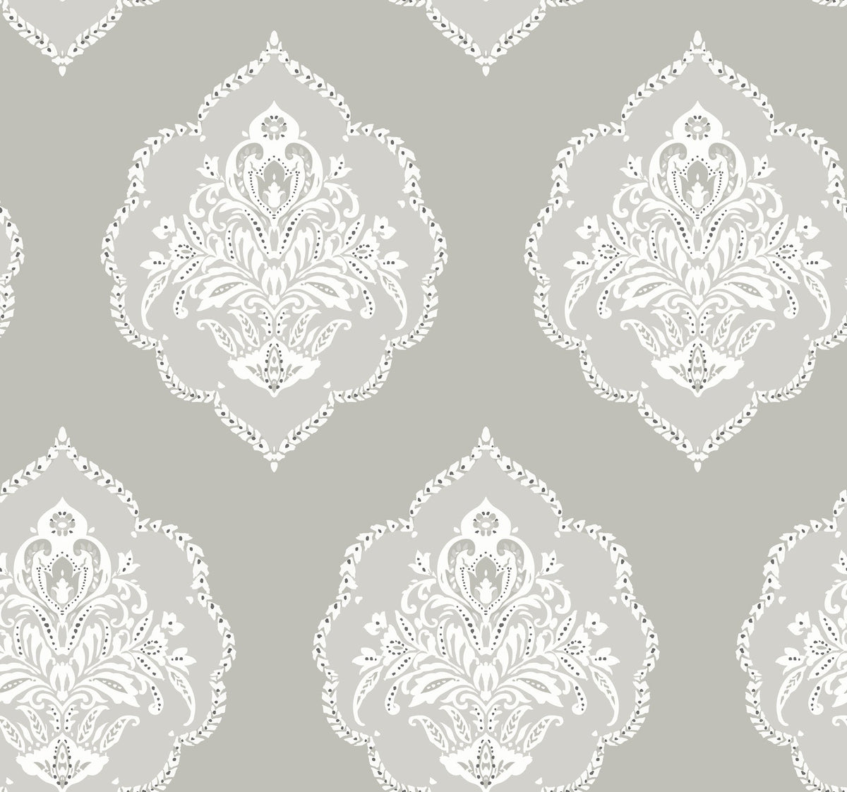 Introducing the Signet Medallion Damask Wallpaper by York Wallcoverings, featuring ornate white floral damask motifs on a light gray background for an elegant and classic decorative style.