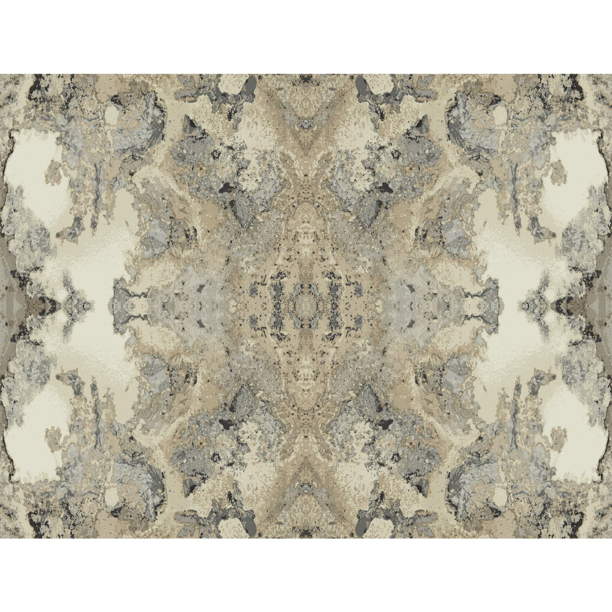 Inner Beauty Wallpaper featuring a symmetrical, abstract marble pattern in shades of beige, gray, and charcoal.