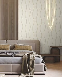 Bedroom featuring Candice Olson Unfurl Wallpaper by York Wallcoverings with a vertical wavy line pattern in a neutral color palette.