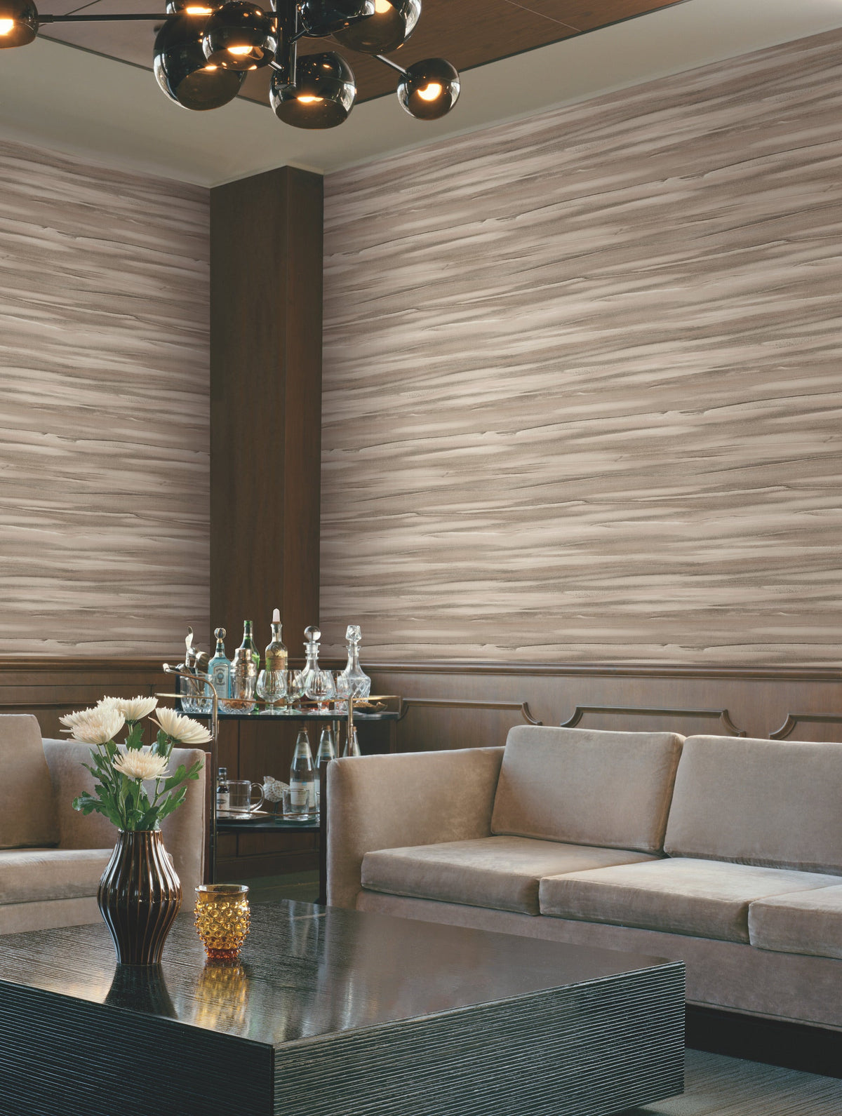 Living room with Candice Olson Sanctuary Wallpaper by York Wallcoverings, featuring neutral, horizontally-striped wallpaper with a wood-grain pattern.