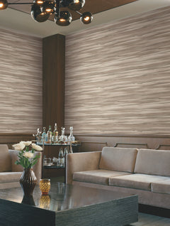 Living room with Candice Olson Sanctuary Wallpaper by York Wallcoverings, featuring neutral, horizontally-striped wallpaper with a wood-grain pattern.