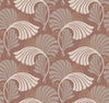 Candice Olson Dancing Leaves Wallpaper featuring stylized fan-shaped leaves in shades of tan and taupe on a reddish-brown background.