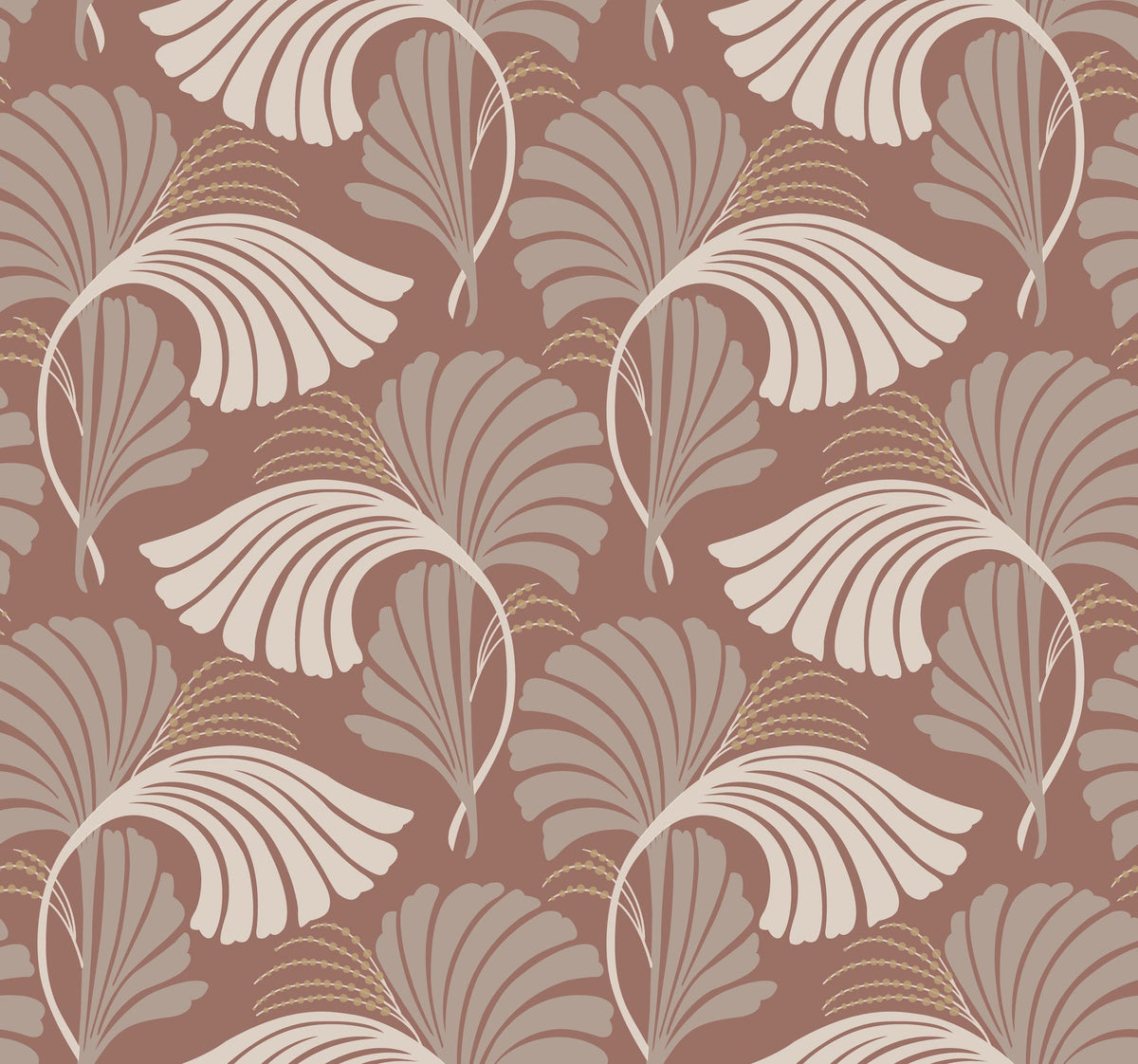 Candice Olson Dancing Leaves Wallpaper featuring stylized fan-shaped leaves in shades of tan and taupe on a reddish-brown background.