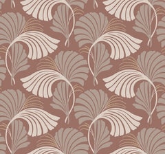 Candice Olson Dancing Leaves Wallpaper featuring stylized fan-shaped leaves in shades of tan and taupe on a reddish-brown background.