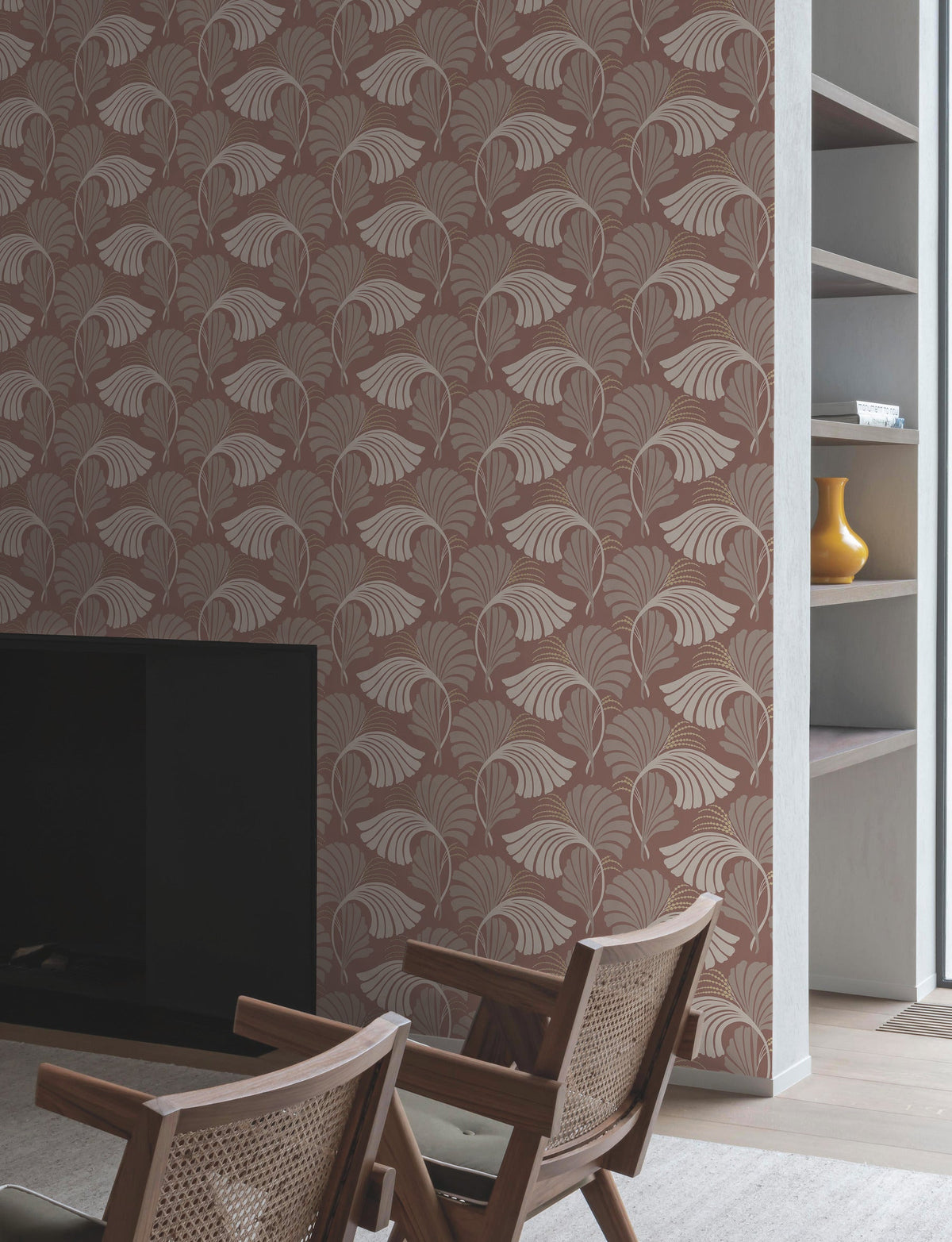 Candice Olson Dancing Leaves Wallpaper featuring a repeating pattern of stylized fan-shaped leaves in shades of cream and light brown on a dark mauve background.