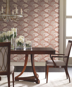 Candice Olson Dancing Leaves Wallpaper by York Wallcoverings featuring a repeating fan-shaped leaf pattern in white and taupe, shown on a dining room wall.