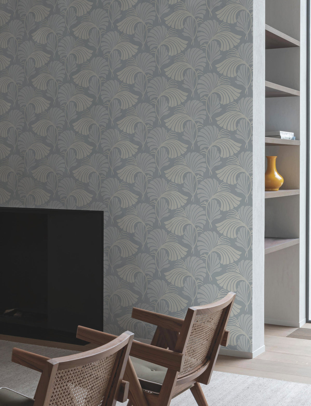 Candice Olson Dancing Leaves Wallpaper featuring a repeating pattern of stylized gray leaves with light-colored stems on a darker gray background.