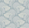 Candice Olson Dancing Leaves Wallpaper features a repeating Art Deco-style pattern of light gray stylized fan-shaped leaves on a muted blue background.