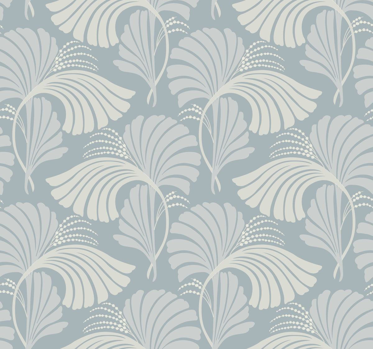 Candice Olson Dancing Leaves Wallpaper features a repeating Art Deco-style pattern of light gray stylized fan-shaped leaves on a muted blue background.
