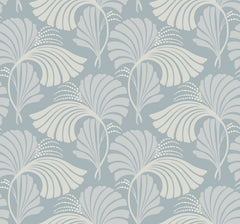 Candice Olson Dancing Leaves Wallpaper features a repeating Art Deco-style pattern of light gray stylized fan-shaped leaves on a muted blue background.