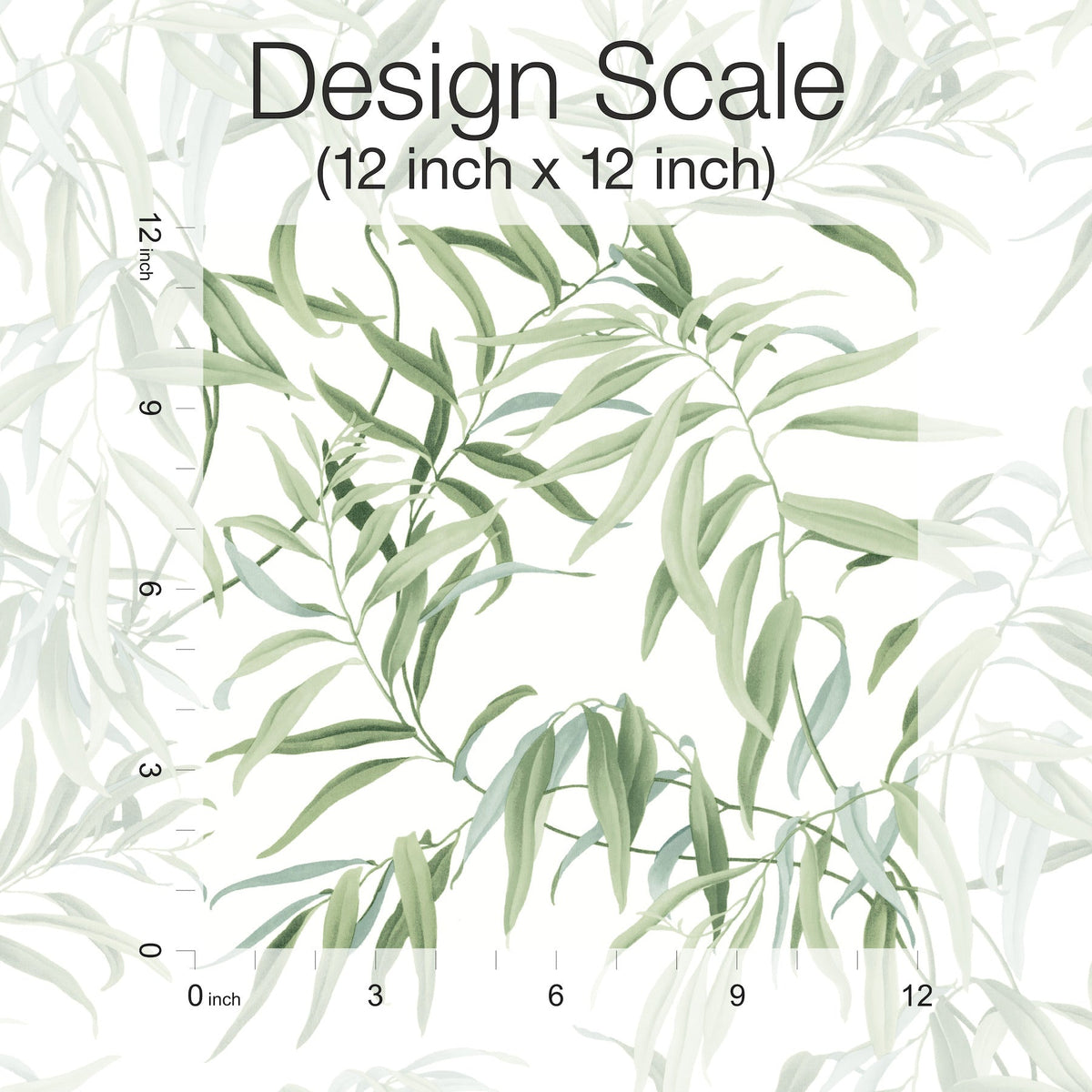 Willow Grove Wallpaper by York Wallcoverings is displayed with green leafy branches on a white background, alongside a ruler marking a 12 inch by 12 inch scale along the left and bottom edges. The text at the top reads: Design Scale (12 inch x 12 inch).