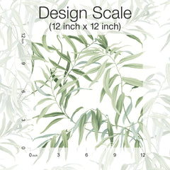 Willow Grove Wallpaper by York Wallcoverings is displayed with green leafy branches on a white background, alongside a ruler marking a 12 inch by 12 inch scale along the left and bottom edges. The text at the top reads: Design Scale (12 inch x 12 inch).