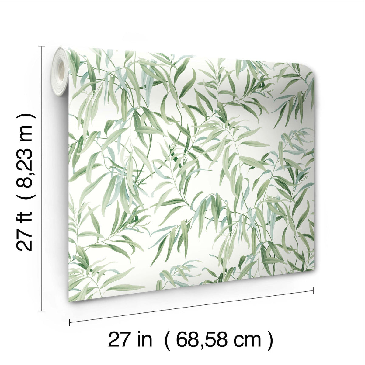 The Willow Grove Wallpaper by York Wallcoverings features a green leafy pattern on a white background and comes in a roll measuring 27 feet (8.23 meters) long and 27 inches (68.58 cm) wide.