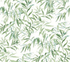 Willow Grove Wallpaper by York Wallcoverings showcases a seamless pattern of green watercolor eucalyptus leaves and branches set against a crisp white background. Overlapping foliage in multiple shades of green lends the design a fresh, natural aesthetic.