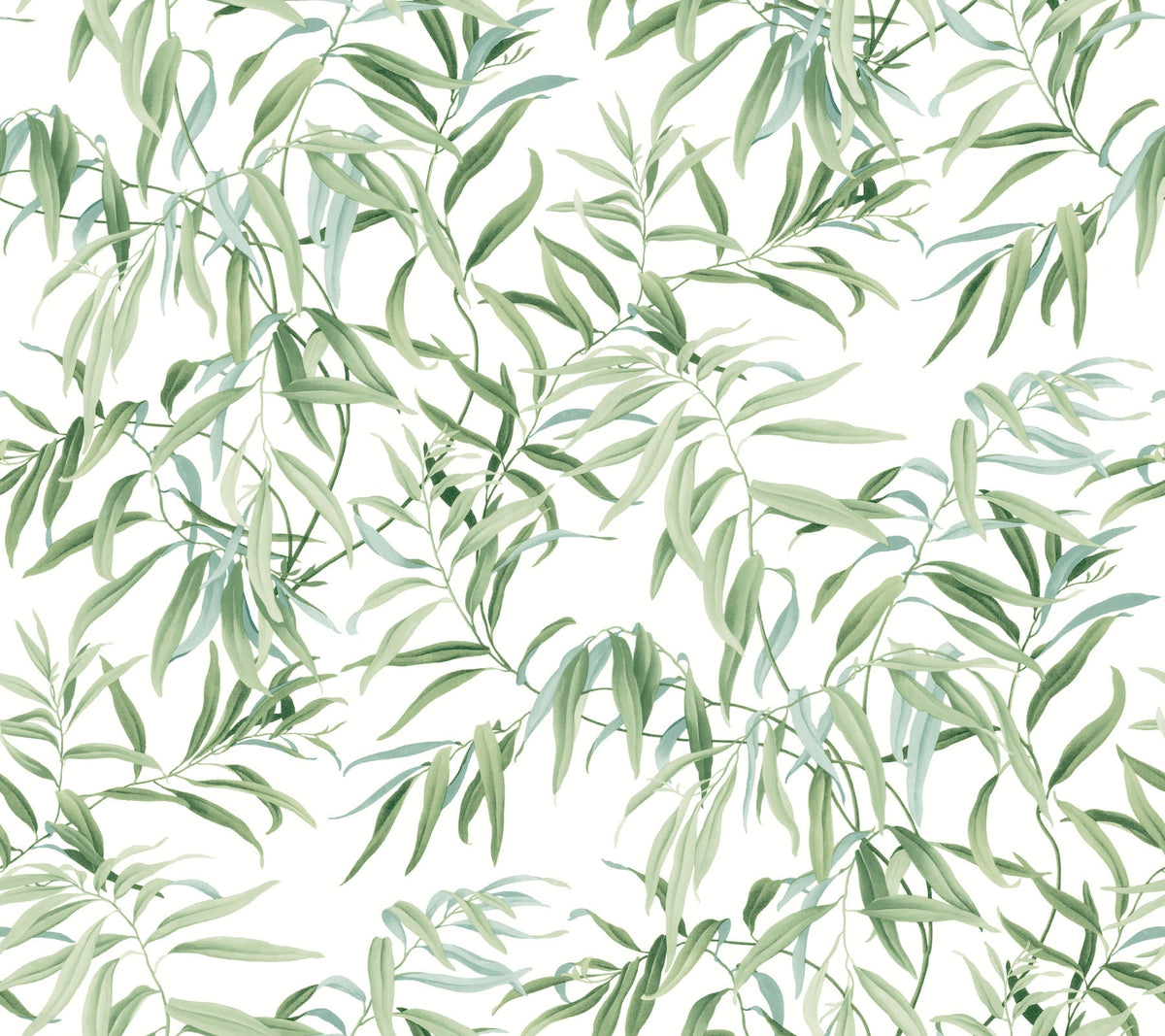 Willow Grove Wallpaper by York Wallcoverings showcases a seamless pattern of green watercolor eucalyptus leaves and branches set against a crisp white background. Overlapping foliage in multiple shades of green lends the design a fresh, natural aesthetic.