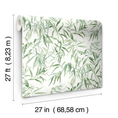 The Willow Grove Wallpaper by York Wallcoverings features a rolled design with a green leafy pattern and measures 27 feet (8.23 meters) in length and 27 inches (68.58 centimeters) in width.