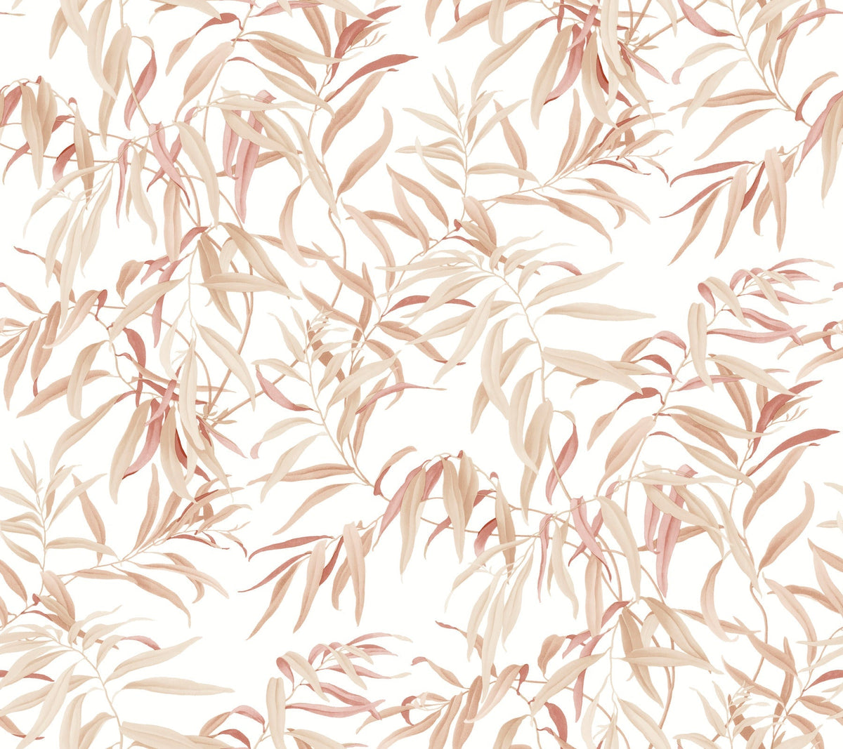 The Willow Grove Wallpaper by York Wallcoverings features beige and light brown leafy branches in a repeating botanical pattern on a white background, creating a soft, elegant, and natural atmosphere.