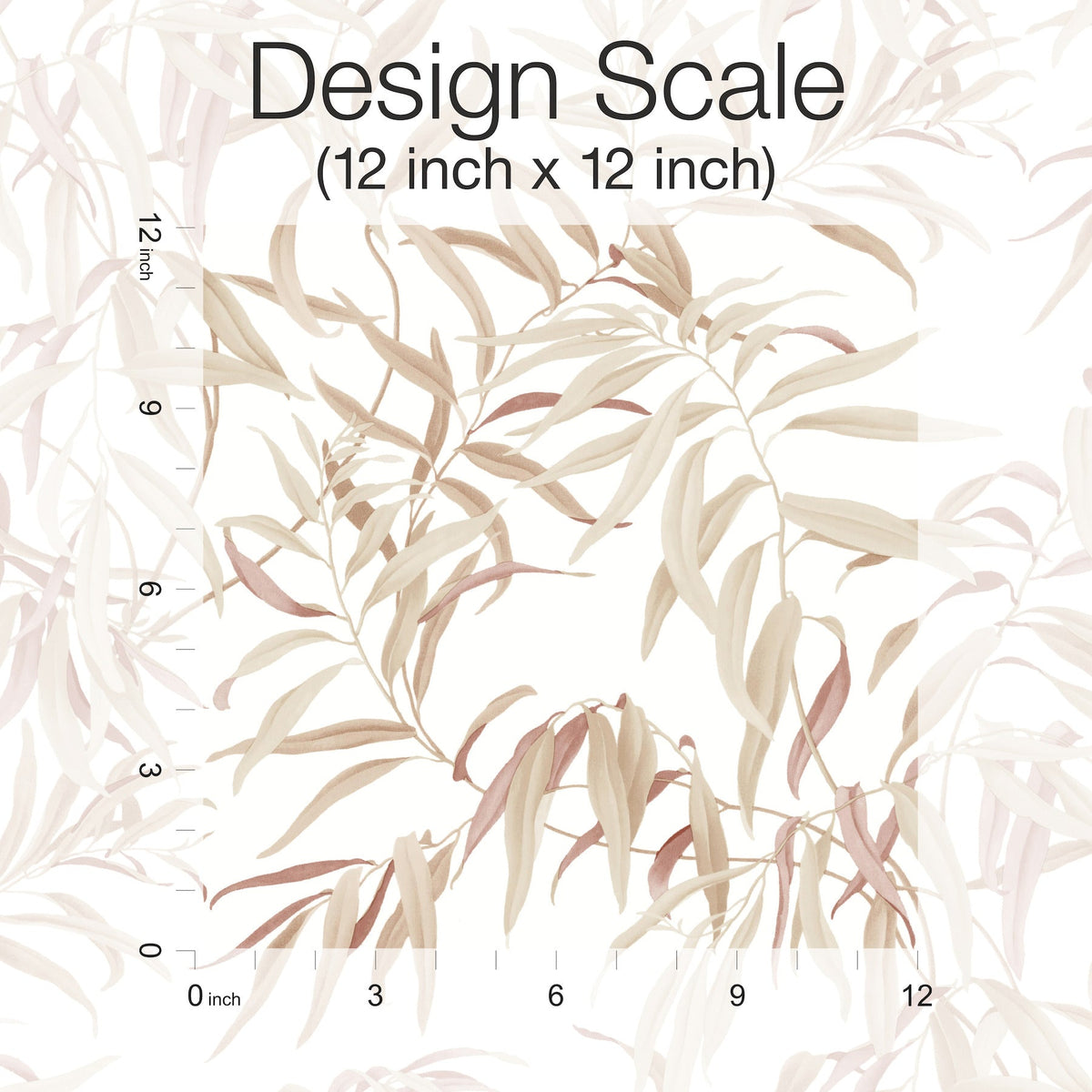 A 12x12 inch scale image of the Willow Grove Wallpaper by York Wallcoverings, featuring muted beige and pink leafy branches on a white background. Inch markers are along the left and bottom edges, with “Design Scale (12 inch x 12 inch)” written at the top.