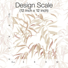 A 12x12 inch scale image of the Willow Grove Wallpaper by York Wallcoverings, featuring muted beige and pink leafy branches on a white background. Inch markers are along the left and bottom edges, with “Design Scale (12 inch x 12 inch)” written at the top.