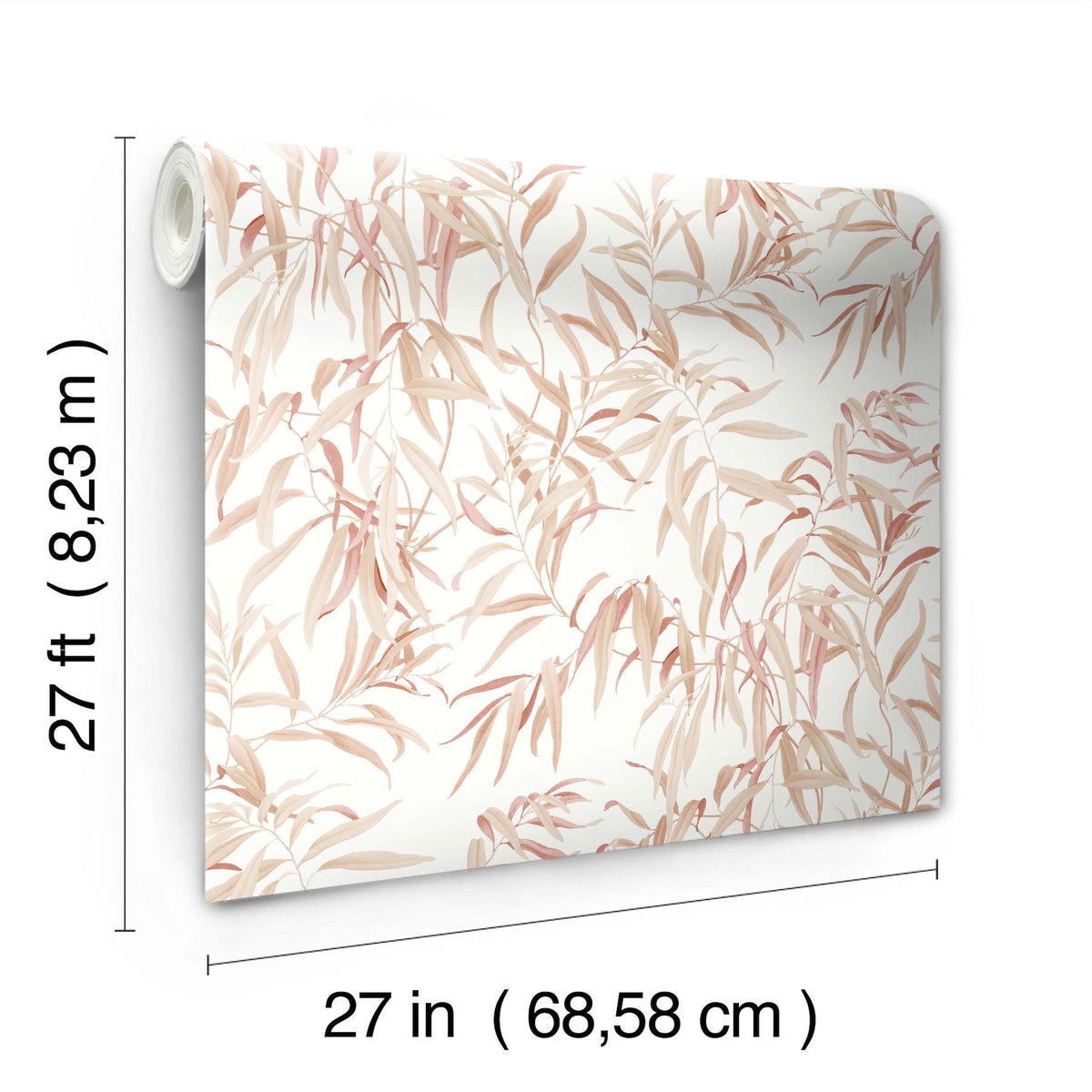 The Willow Grove Wallpaper by York Wallcoverings features a pink and beige leafy pattern and comes in a roll measuring 27 feet (8.23 m) long and 27 inches (68.58 cm) wide, displayed against a white background.