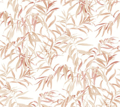 Willow Grove Wallpaper by York Wallcoverings features a seamless pattern of delicate, hand-drawn beige and light pink leaves and branches on a white background, creating a soft and elegant botanical design.