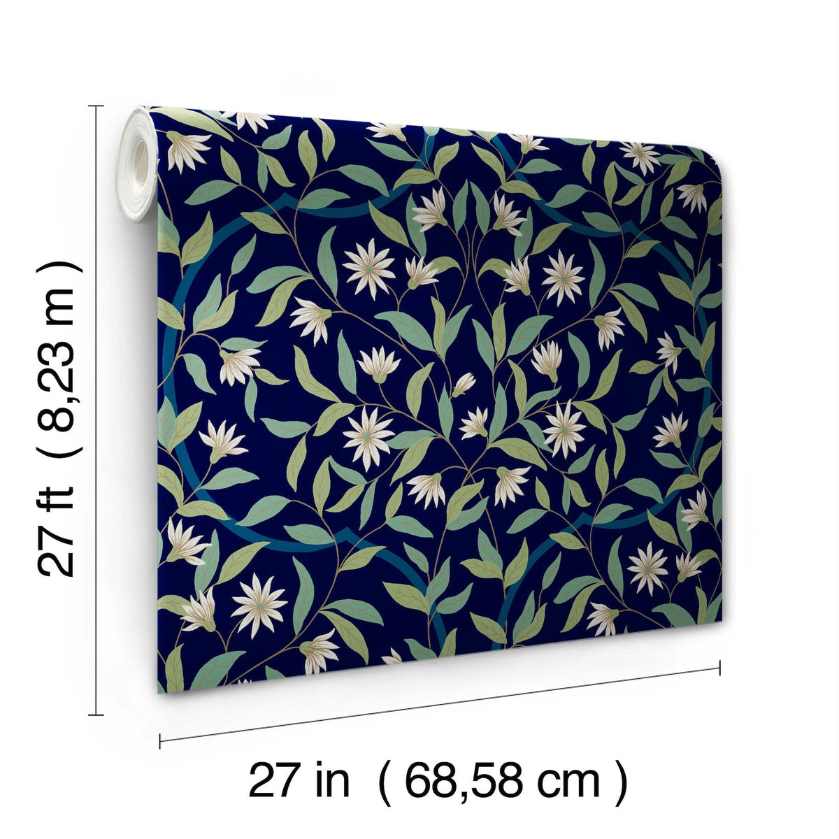 Jasmine Wallpaper by York Wallcoverings features a floral pattern on a dark blue background. The roll measures 27 feet (8.23 m) long and 27 inches (68.58 cm) wide, as shown next to the product.