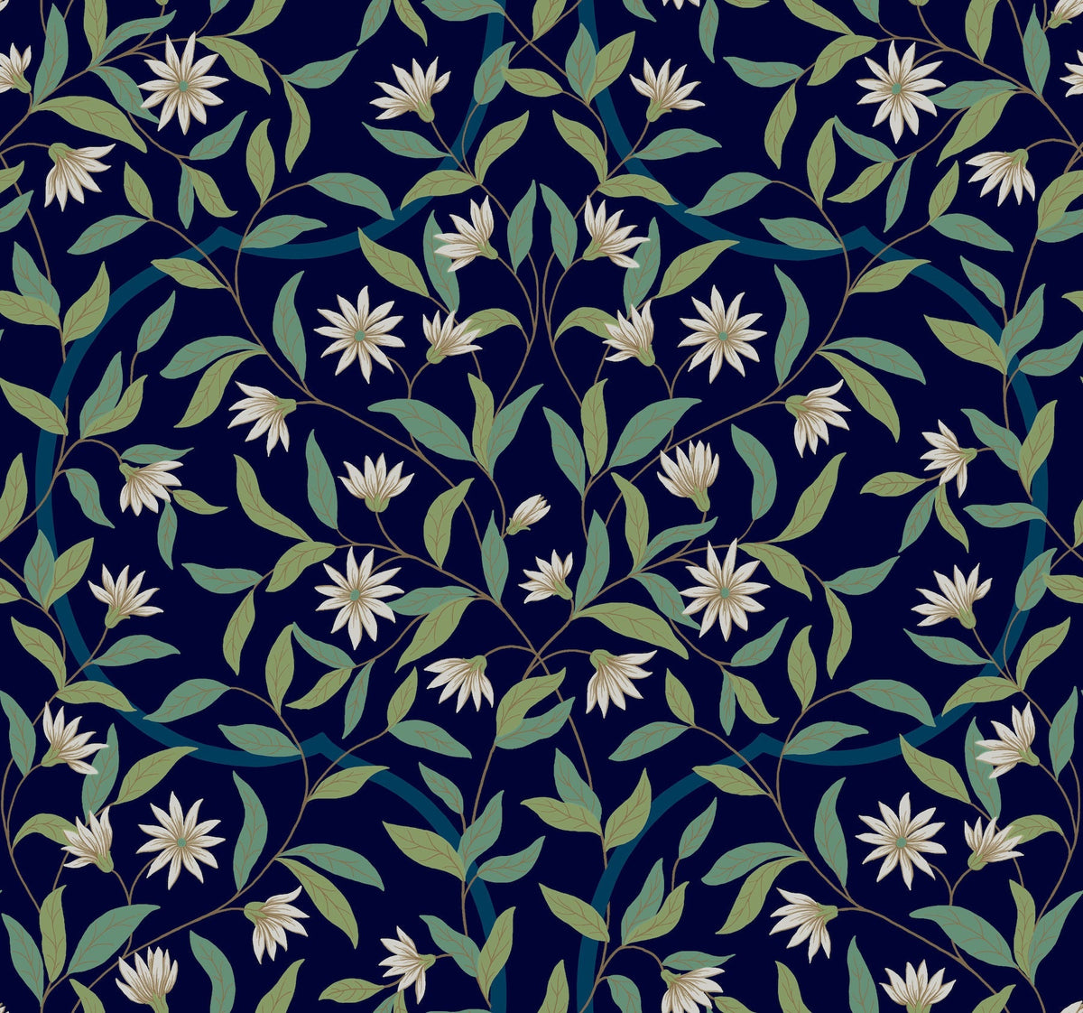 The Jasmine Wallpaper by York Wallcoverings features a seamless floral pattern of white flowers and green leaves symmetrically arranged on a dark blue background.