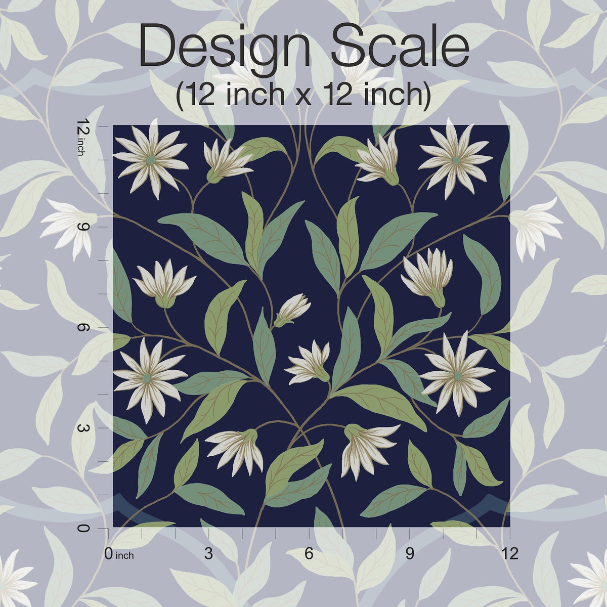 A 12x12 inch square featuring the Jasmine Wallpaper by York Wallcoverings, showcasing a floral pattern with white flowers and green leaves against a dark background, layered over a lighter version of the same design. The words “Design Scale (12 inch x 12 inch)” appear at the top.