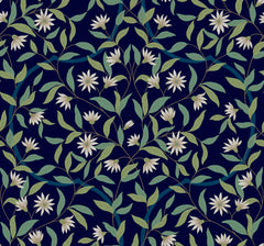 Introducing Jasmine Wallpaper by York Wallcoverings—a seamless pattern featuring white jasmine flowers with green leaves on a dark blue background. The symmetrical floral design showcases elegant curved stems and varied leaf shapes, creating a refined and decorative style perfect for wallpaper or fabric applications.