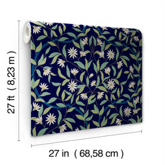 A roll of Jasmine Wallpaper by York Wallcoverings, featuring a dark blue background with white flowers and green leaves. Dimensions: 27 feet (8.23 meters) long and 27 inches (68.58 cm) wide.