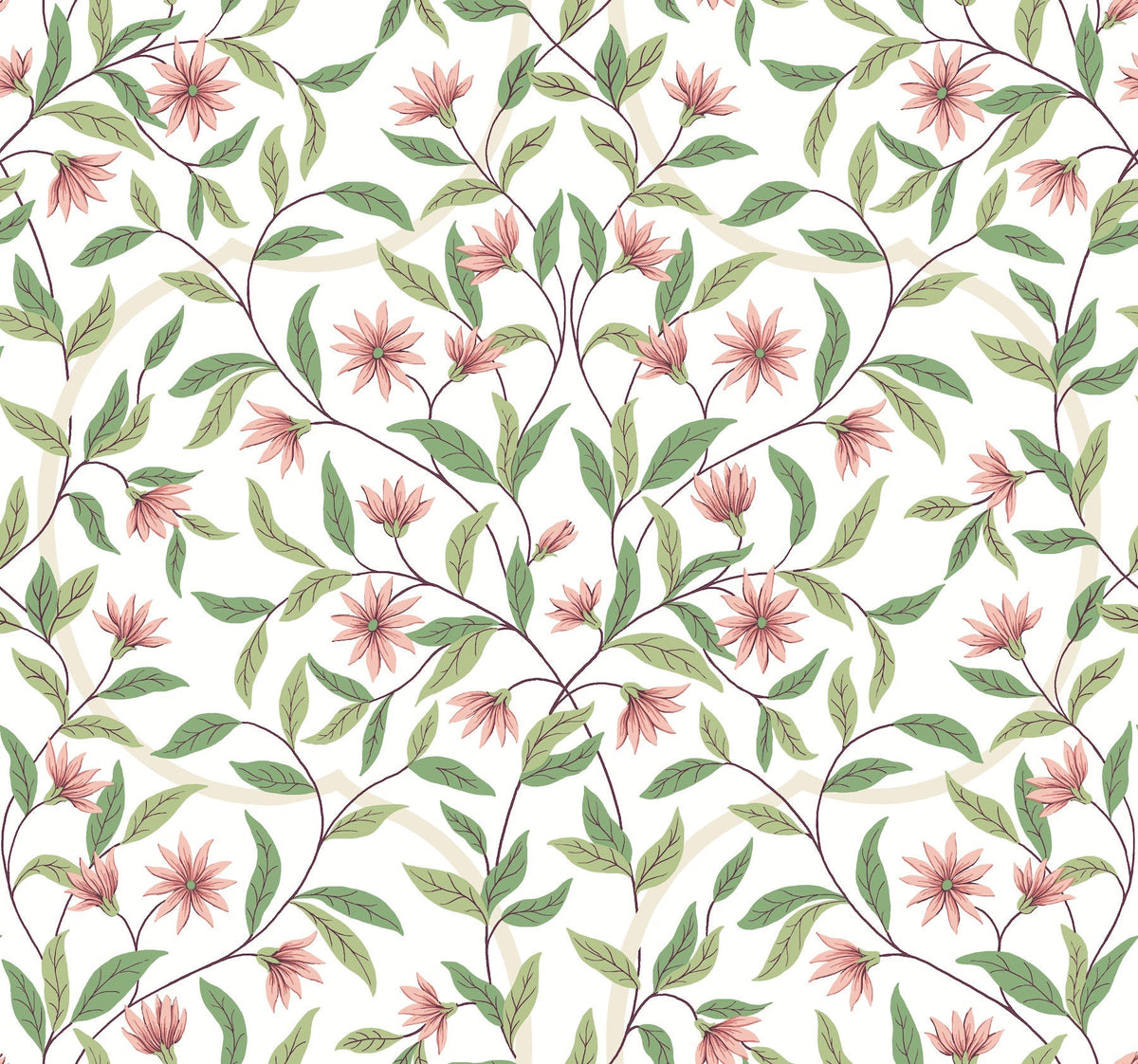 York Wallcoverings’ Jasmine Wallpaper features a seamless pattern of pink flowers, green leaves, and slender branches on a white background, creating a delicate, nature-inspired design.