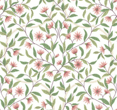 York Wallcoverings’ Jasmine Wallpaper features a seamless pattern of pink flowers, green leaves, and slender branches on a white background, creating a delicate, nature-inspired design.