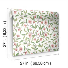 Jasmine Wallpaper by York Wallcoverings features a pink flower and green leaf pattern on each roll, measuring 27 feet (8.23 m) in length and 27 inches (68.58 cm) in width.