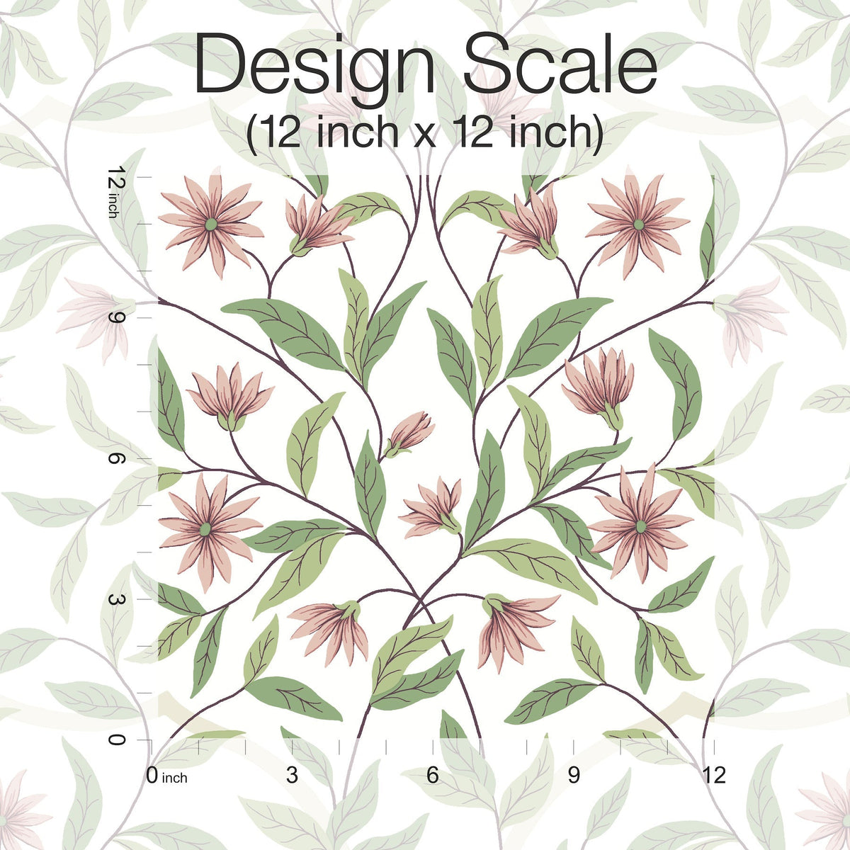 Floral pattern featuring pink flowers and green leaves on vines from the Jasmine Wallpaper by York Wallcoverings, displayed with a 12x12 inch scale grid and labeled “Design Scale (12 inch x 12 inch)” at the top.