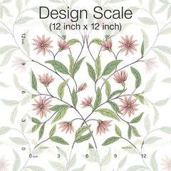 Floral pattern featuring pink flowers and green leaves on vines from the Jasmine Wallpaper by York Wallcoverings, displayed with a 12x12 inch scale grid and labeled “Design Scale (12 inch x 12 inch)” at the top.