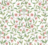 Jasmine Wallpaper by York Wallcoverings features an intricate, seamless floral pattern with pink flowers and green leaves on intertwining vines, set against a crisp white background. The evenly repeated design creates a soft and elegant appearance.