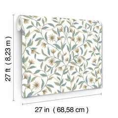 A roll of Jasmine Wallpaper by York Wallcoverings features a floral pattern with green leaves and beige flowers and measures 27 feet (8.23 m) in length and 27 inches (68.58 cm) in width.