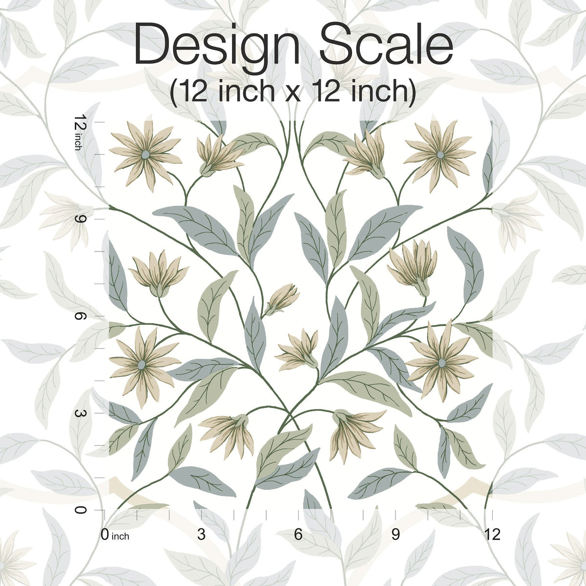 A botanical floral pattern featuring green stems and leaves with cream flowers from the Jasmine Wallpaper collection by York Wallcoverings, displayed at a 12 inch by 12 inch scale with measurement lines along the edges. Text reads: Design Scale (12 inch x 12 inch).