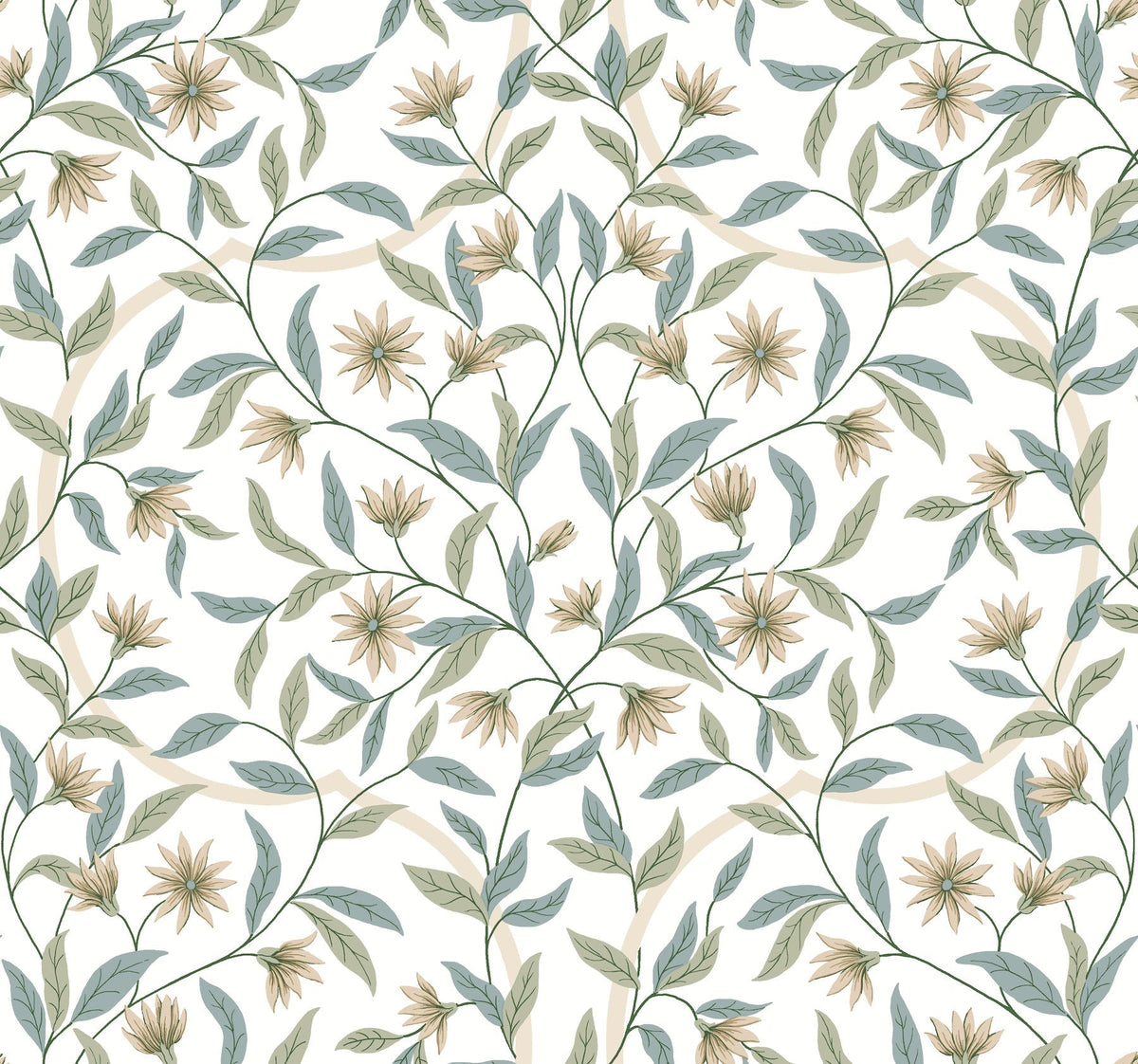 The Jasmine Wallpaper by York Wallcoverings features a seamless pattern of delicate, light brown flowers with green leaves on winding stems set against a white background, creating a soft and elegant floral design.
