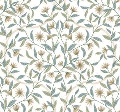 The Jasmine Wallpaper by York Wallcoverings features a seamless pattern of delicate, light brown flowers with green leaves on winding stems set against a white background, creating a soft and elegant floral design.