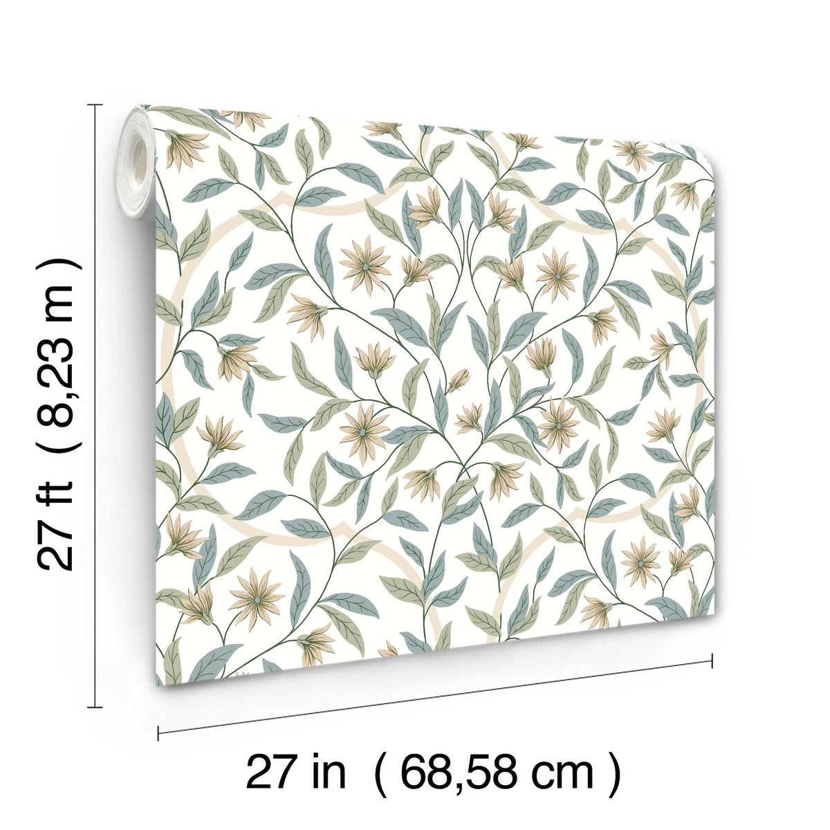 Jasmine Wallpaper by York Wallcoverings features a floral leaf pattern and comes in rolls measuring 27 feet (8.23 m) long and 27 inches (68.58 cm) wide, displayed on a white background.