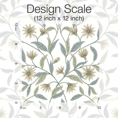 Jasmine Wallpaper by York Wallcoverings features a floral pattern with green leaves and beige flowers in a 12x12 inch square; rulers on the left and bottom edges indicate inches, with text reading: Design Scale (12 inch x 12 inch).